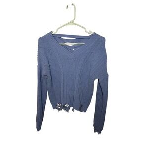 Distressed Cropped Knit‎ Sweater Blue V Neck Cut Out Back Long Sleeve
